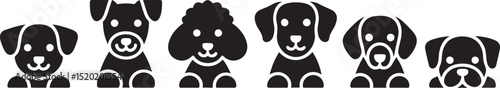 Adorable black and white cartoon illustrations showcasing different dog breeds and smiling faces.