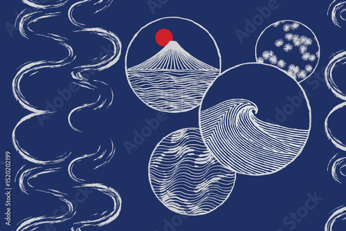 Hand drawn Japanese symbols, Fuji mountain, waves fishes in water and snow, simple travel attractions background for textile, decoration and banner
