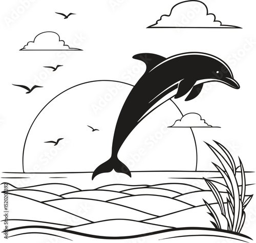 Dolphin Silhouette Jumping Out of the Water at Sunset Illustration