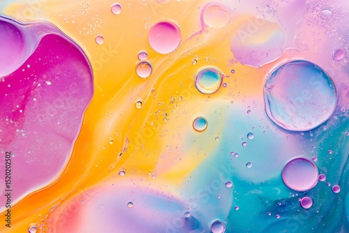 Colorful oil and water mix to create stunning bubbles and intricate patterns. The vibrant hues swirl together, forming an abstract masterpiece of visual delight