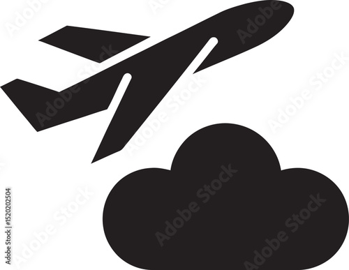 Black airplane takes flight and ascends above a cloud on a transparent background