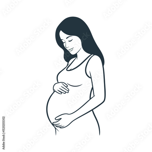 Pregnant woman gently cradling her belly while smiling softly  