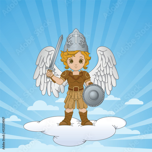 Drawing of Archangel Michael with shield and sword standing on a cloud against a blue sky background