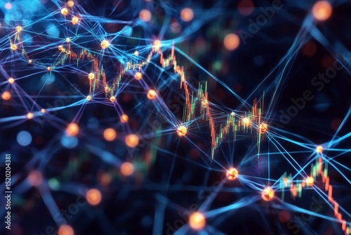 Visualizes stock market graphs intricately intertwined with luminous network connections, showcasing financial data in exceptional detail and clarity, reflective of modern trading environments