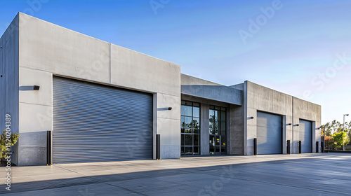 Modern industrial building exterior with loading docks and concrete walls on a sunny day