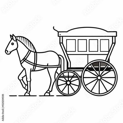 Elegant Horse Drawn Carriage Line Art Illustration A Classic Transportation Design with Detailed Vector Graphics for Creative Projects and Historical
