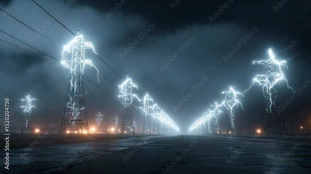Power grid under a stormy sky with lightnings strike power lines, energy transmission concept