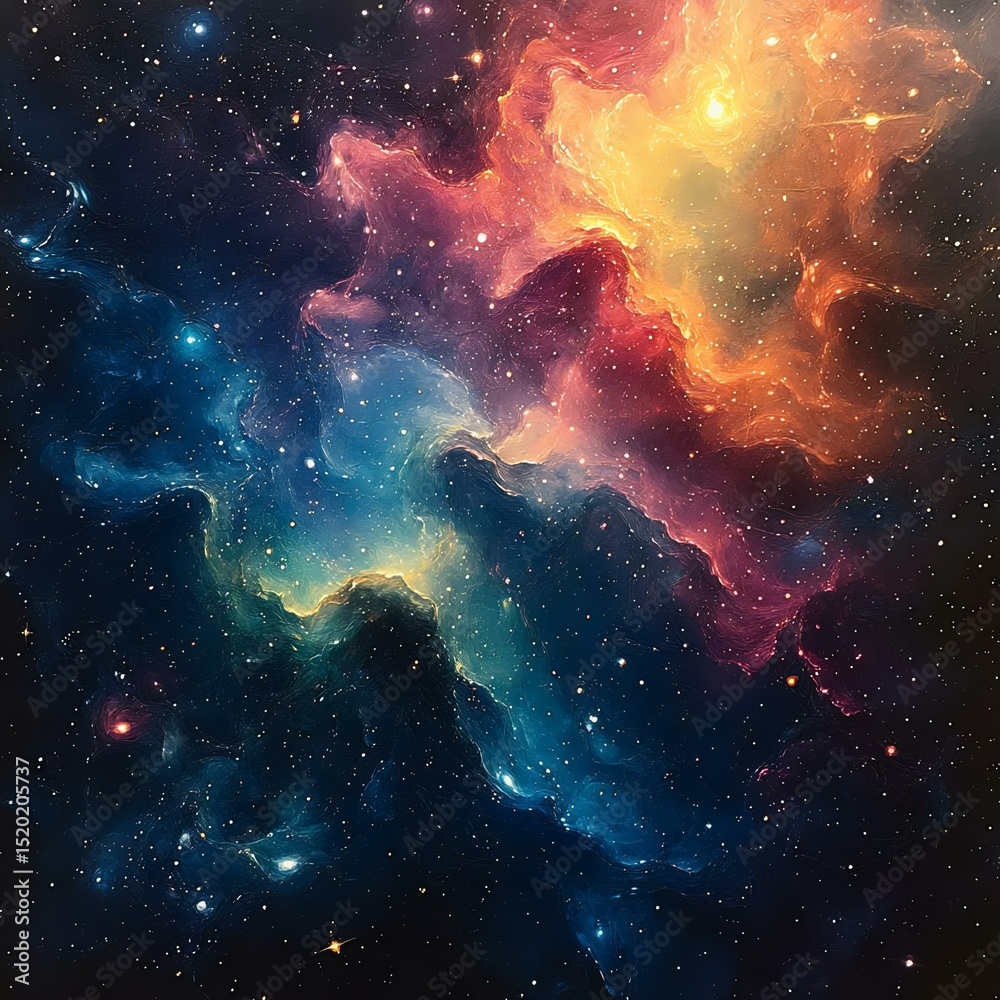 Fototapeta premium A vibrant cosmic scene showcasing colorful nebulae and stars against a dark space backdrop, evoking the beauty of the universe.