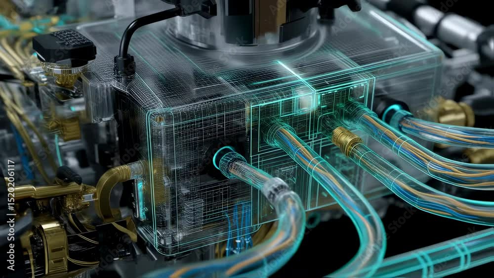 Complex network of interconnected pipes and wires revealing intricate inner workings of advanced technological engine, highlighting precision engineering and innovative design principles