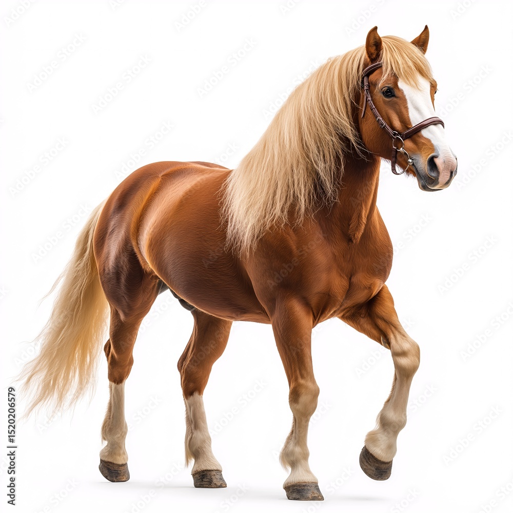 Obraz premium Graceful Equestrian Sports Horse. Saddle Riding a Purebred Stallion with Feathered Mane in a Picturesque Pasture