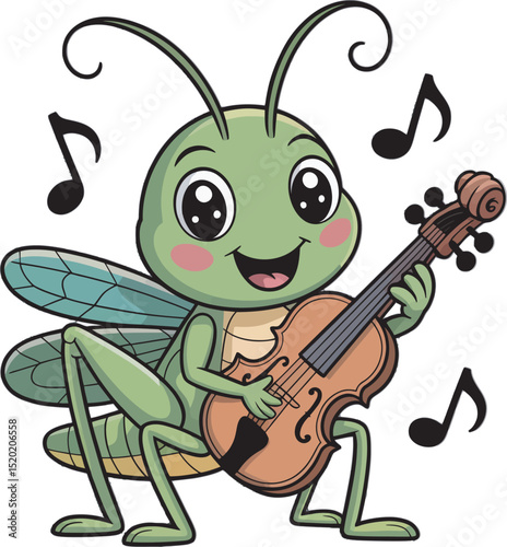 Happy green grasshopper plays the violin while surrounded by floating musical notes happily