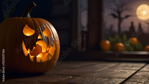 Hyper-realistic close-up of a freshly carved Halloween pumpkin on a wooden porch, flickering candlelight inside, full moon glow in background.