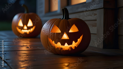 Hyper-realistic close-up of a freshly carved Halloween pumpkin on a wooden porch, flickering candlelight inside, full moon glow in background.