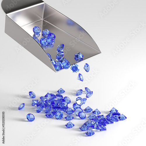 Blue sapphires fall from a scoop on a white background. Selection and sorting of stones. Jewelry industry. 3d rendering.