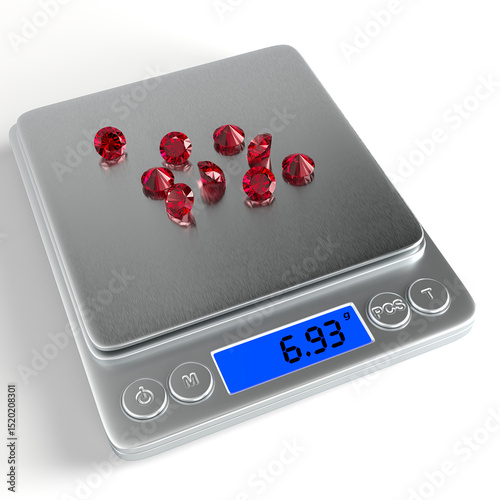 Precise digital scale with round cut rubies on white background. Side view. Jewelry industry. 3d rendering.