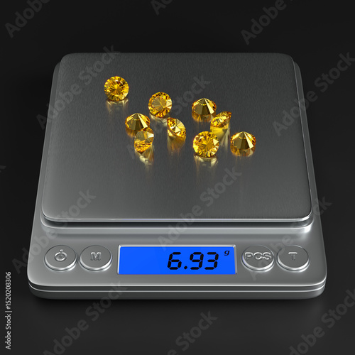 Precise digital scales with topazes on the black background. Front view. Jewelry industry. 3d rendering.