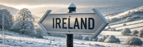 on the pole there is a direction arrow with the inscription     Ireland against the background of a picturesque   winter landscape
