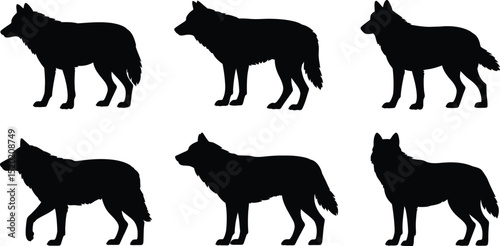 Six wolf silhouettes in varying stances against a plain white background