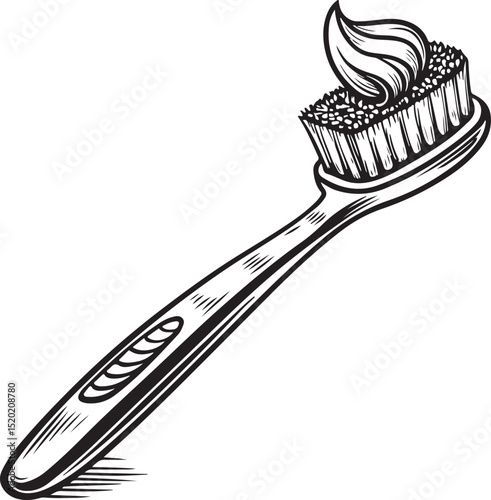 Toothbrush, Brushing Teeth, Vector Illustration, Sketch Drawing Line Linear Symbol Icon Engraving Coloring Book, Hand-drawn Black and White Isolated