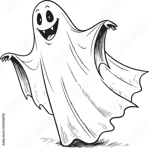 Ghost in Sheet, Vector Illustration, Sketch Drawing Line Linear Symbol Icon Engraving Coloring Book, Hand-drawn Black and White Isolated