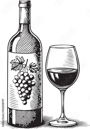 Red Wine Bottle and Glass, Vector Illustration, Sketch Drawing Line Linear Symbol Icon Engraving Coloring Book, Hand-drawn Black and White Isolated