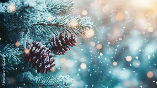 Snow-covered pine cones on branches with warm light and falling snowflakes