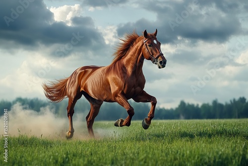 Brown horse running through a grassy field under a cloudy sky