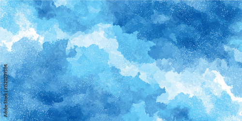 a magic night lanscape with starry sky. Deep blue watercolor background with fluid grunge texture