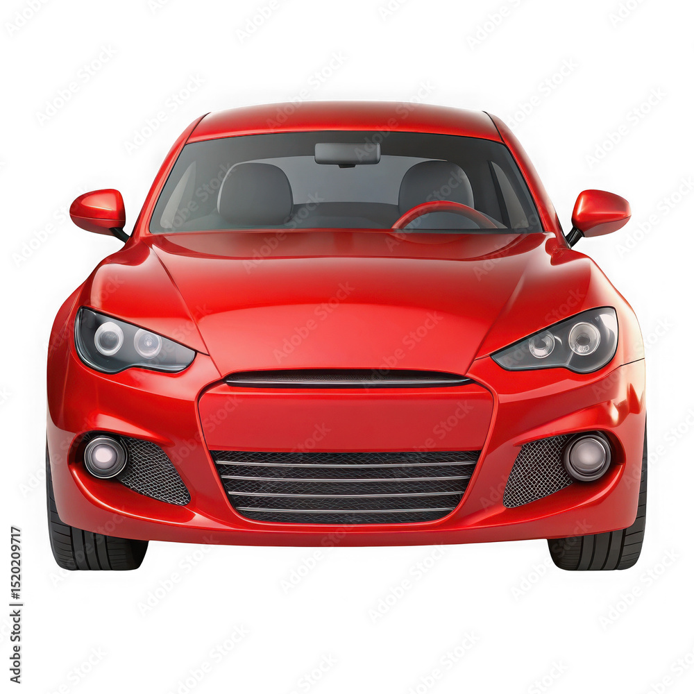 Fototapeta premium A vibrant red sports car is shown from the front, isolated on a transparent background. The image is ideal for design projects.