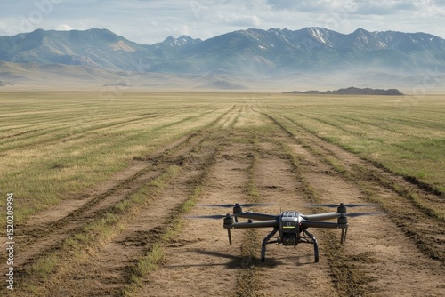Drone is scanning a vast field for landmines with distant mountains in the background under clear skies, showcasing advanced technology in action during a daytime operation