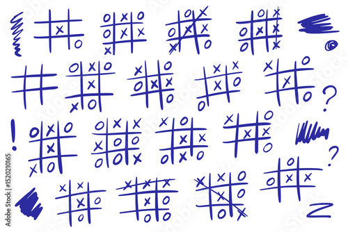 Tic-tac-toe game variations in school notebook with multiple draw, win, lose games. Vector illustration of hand drawn blue marker squiggles on white paper. Educational logic games.