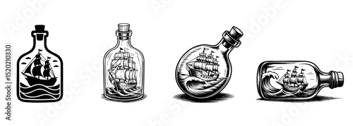 set of vintage miniature sailing ship in a bottle vector illustrations, maritime craft and nautical souvenir
