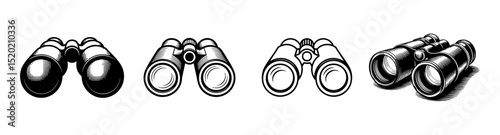 set of vintage binocular glasses vector illustrations, observation and exploration equipment

