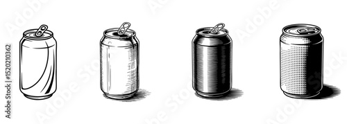 set of vintage aluminum soda can vector illustrations, drink packaging and refreshment 
