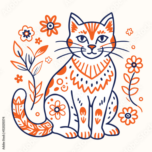 Elegant Floral Cat Illustration A Charming Design Featuring a Sitting Cat Adorned with Flowers