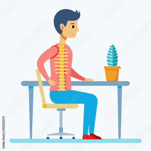 Correct Posture Illustration Spine Health Scheme Showing Proper Torso Alignment While Sitting at a Table Promoting Ergonomics and Well being