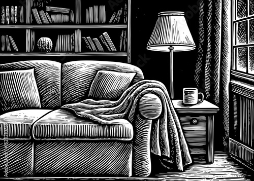 A black and white sketch vector of cozy home interior elements: sofa, lamp, bookshelf, coffee mug