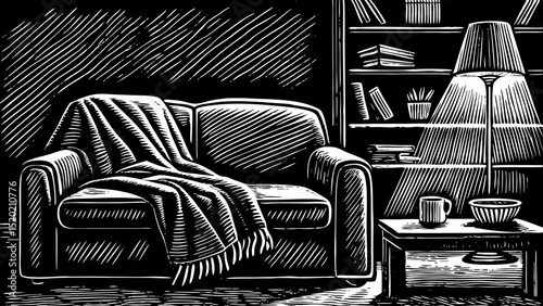 A black and white sketch vector of cozy home interior elements: sofa, lamp, bookshelf, coffee mug