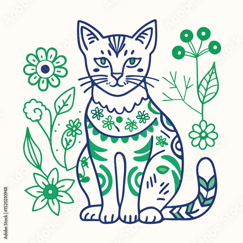 Elegant Cat Illustration with Floral Design A Charming Artwork