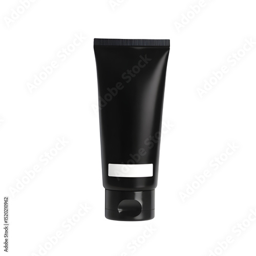 Intense jet black photorealistic sunscreen bottle with clean label, sharp focus, deep shadows, high-quality product image, minimalistic design, isolated on transparent background

