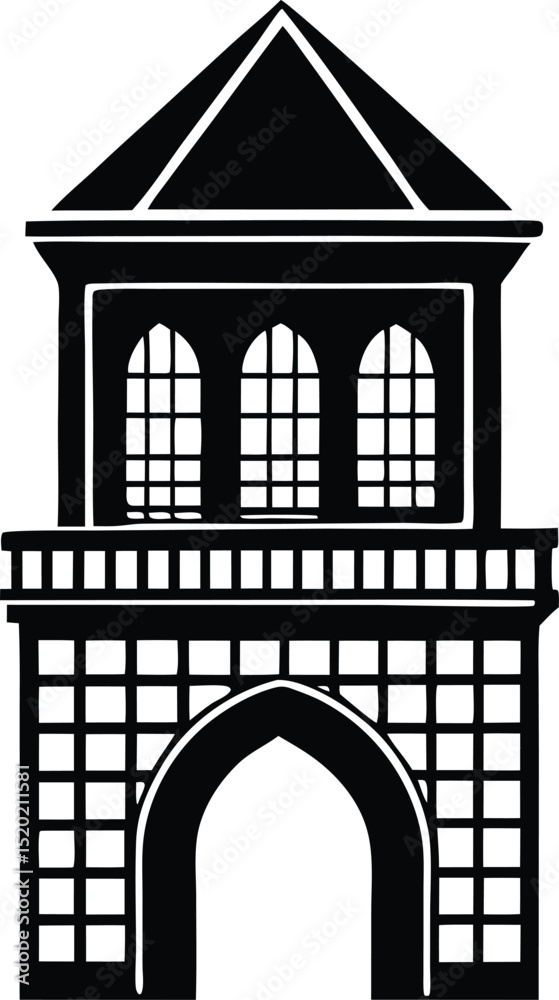 Fototapeta premium Historic Tower with Arch Silhouette, Architecture Art, Minimalist Castle Design, Elegant Landmark Illustration 