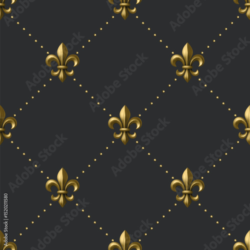 Vector Luxury Gold Fleur-de-Lis Seamless Pattern on Black Background. Golden Royal Heraldic Symbol on Elegant Dark Background. Fleur-de-Lis Wallpaper, Fabric, Digital Paper. Vintage French Ornament