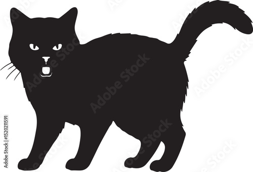 Black cat silhouette with open mouth and raised tail on white background