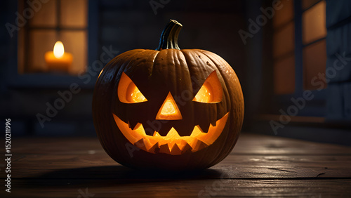 Hyper-realistic close-up of a freshly carved Halloween pumpkin on a wooden porch, flickering candlelight inside, full moon glow in background.