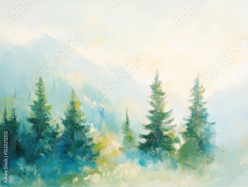Impressionist painting of pine trees in sunny forest
