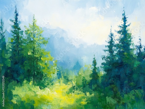 Beautiful impressionist landscape with tall pine trees and lush greenery, bathed in soft sunlight under a blue sky with distant mountains.
