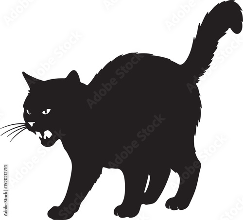 A vector illustration depicting a frightening and angry black cat silhouette with open mouth