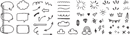 Line sketch star, text, arrow, heart decoration element icon set. Hand drawn sketch doodle cute star, emphasis, flower element. Pen line, brush, love text decoration shape icon. Hand drawn vector