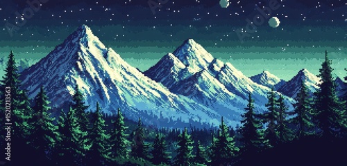 Pixel art mountain landscape at night. Serene, cold atmosphere. Ideal for game design, websites, or print. Perfect background image.
