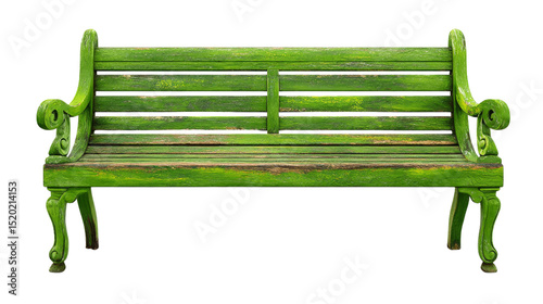 Weathered Green Park Bench Adorned with Moss Isolated on a Transparent Background